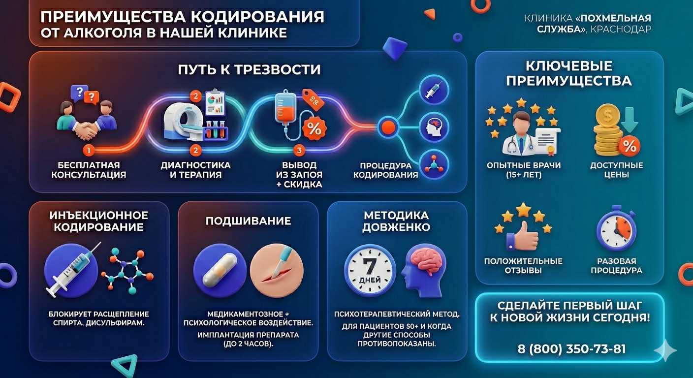 Инфографика о методах кодирования от алкоголя в Ликино-Дулёво: инъекции, подшивание, метод Довженко. Преимущества клиники и этапы лечения.